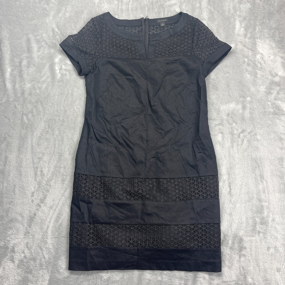 Ann Taylor Shift Dress Womens 0 Black Lace Detail Split V-Neck Zip Up Cap Sleeve